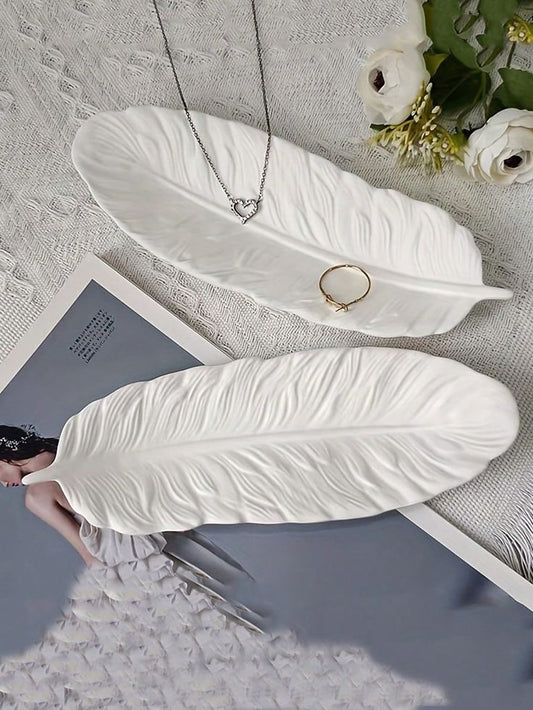 Handmade Gypsum Feather Leaf Tray – Elegant Decorative Jewelry & Vanity Dish