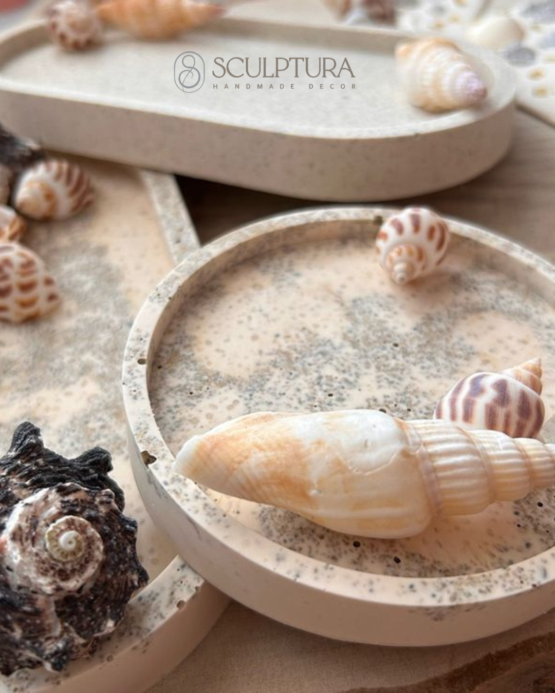 Handmade coastal-inspired gypsum tray with natural shells and stones - Sculptura UAE