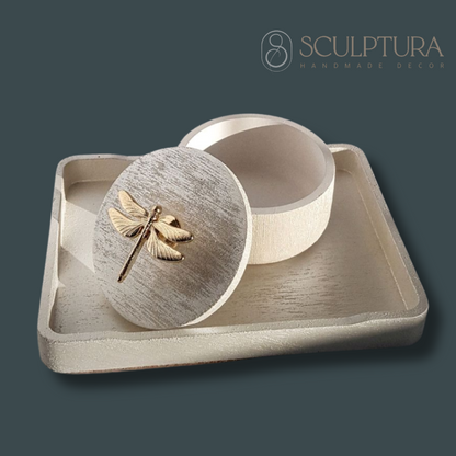 Handmade Gypsum Jewelry Tray with Gold Dragonfly Accent – Elegant Decorative Organizer