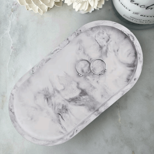 Handmade Marble-Effect Gypsum Oval Tray | Elegant Jewelry & Vanity Organizer