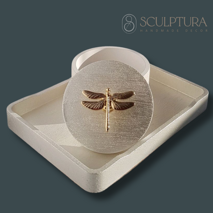 Handmade Gypsum Jewelry Tray with Gold Dragonfly Accent – Elegant Decorative Organizer