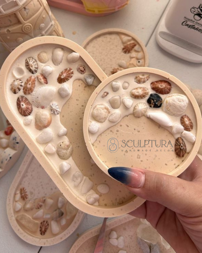 "Artisan-made gypsum decor trays with a neutral, earthy aesthetic