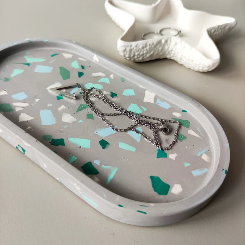 ✨ Handmade Green Terrazzo Oval Trinket Dish | Modern Jewelry & Vanity Organizer