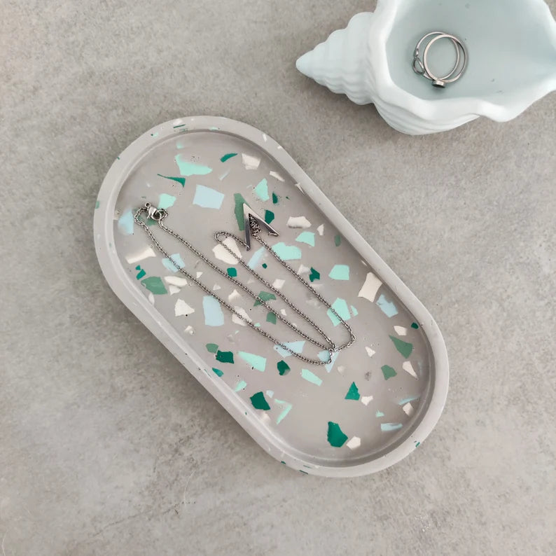 ✨ Handmade Green Terrazzo Oval Trinket Dish | Modern Jewelry & Vanity Organizer