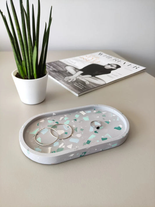 ✨ Handmade Green Terrazzo Oval Trinket Dish | Modern Jewelry & Vanity Organizer